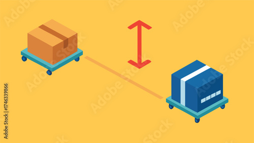 Two boxes on wheeled carts connected by a dashed line with a double arrow indicating distance or movement