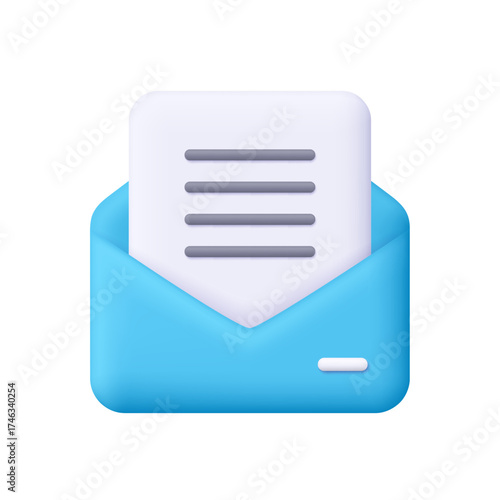 Open blue envelope with white letter with text lines. Email, messaging, communication, document delivery, newsletters, correspondence concept. 3d vector icon. Cartoon minimal style.