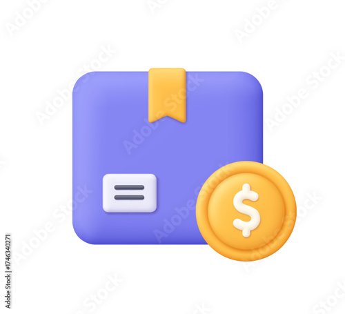 Purple package box with golden dollar coin. Finance, logistics, digital business, e-commerce, online shopping, delivery payment and parcel cost concept. 3d vector icon. Cartoon minimal style.