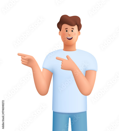 Young smiling man James pointing to the side with both hands. Offer, presentation, tutorial, promotion, direction, guidance and attention concept. 3d vector people character. Cartoon minimal style.