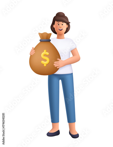 Young smiling woman Jane holding money bag with dollar symbol. Finance, business, investment, banking, success, savings and financial growth concept. 3d vector people character. Cartoon minimal style.