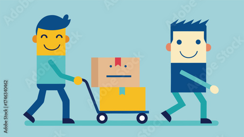 Two happy cartoon men pushing and pulling a delivery cart with a package for shipping and logistics
