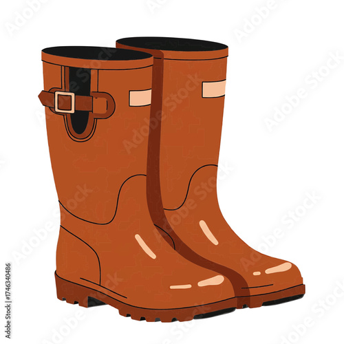 Pair of brown rubber rain boots, flat vector style, earthy orange brown colors, weather protection