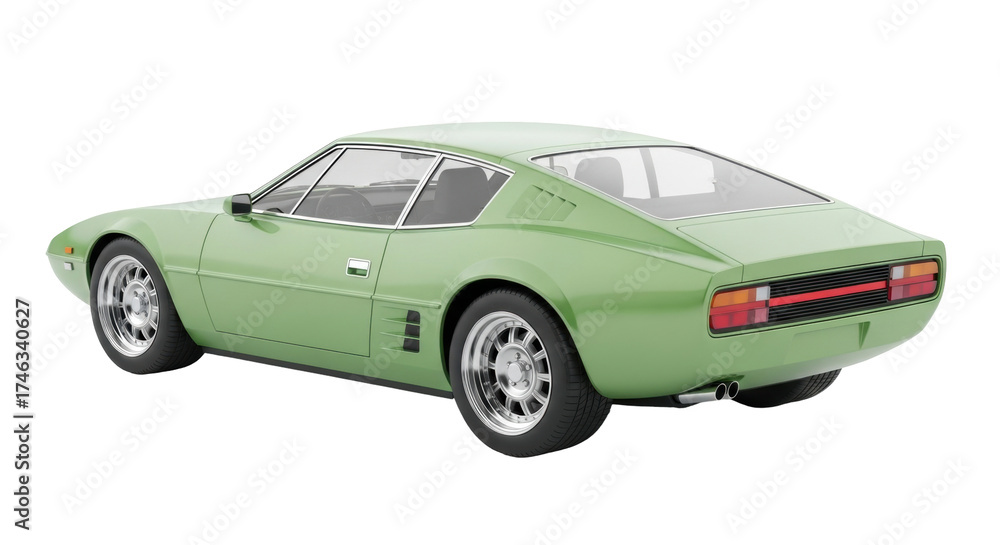Fototapeta premium Isolated green sports car from the 1970s in a studio shot, clean presentation, detailed model
