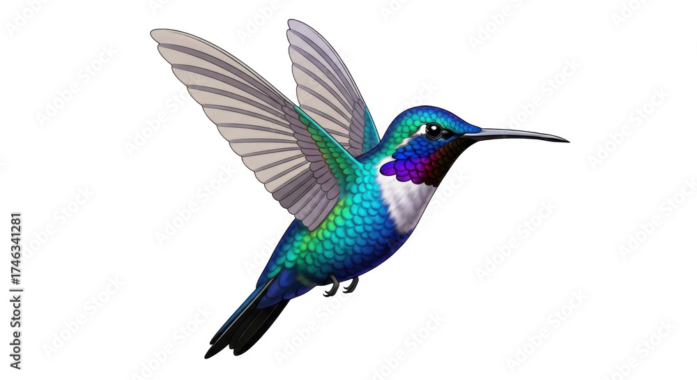 Fototapeta premium Isolated illustration of a colorful hummingbird in flight, showing vibrant plumage and graceful wings