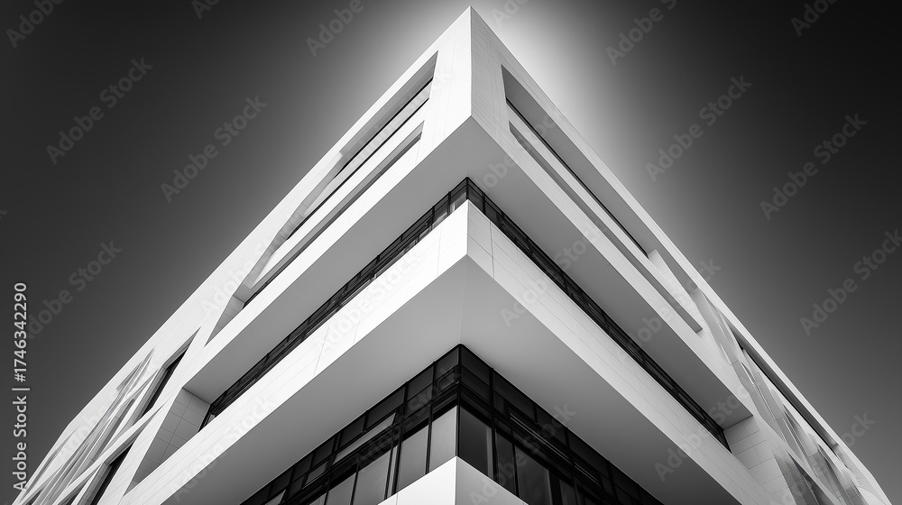 Fototapeta premium Contemporary minimalist building with sharp geometric architecture and glass facade in black and white