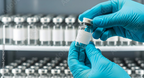 Medical professional in blue gloves examining a vaccine vial with a blank label, working in a sterile laboratory