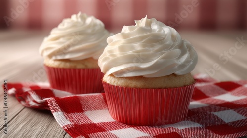 Two fluffy vanilla cupcakes with creamy frosting, beautifully presented on a red and white checkered cloth.