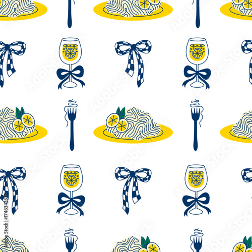 Spaghetti Wine Glass and Fork Seamless Pattern. Mediterranean La Dolce Vita Food and Drink Background with Limoncello Lemonade Pasta Noodles and Bows. Cute Amalfi doodle vector illustration