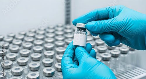 Medical professional in blue gloves examining a vaccine vial with a blank label, working in a sterile laboratory