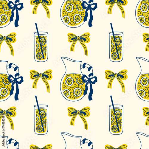 Lemonade Drink Seamless Pattern. Hand drawn Playful Lemon Soda Background with Glass Decanter Straw Bow. Cute Coquette Yellow beverage vector illustration in sketch style