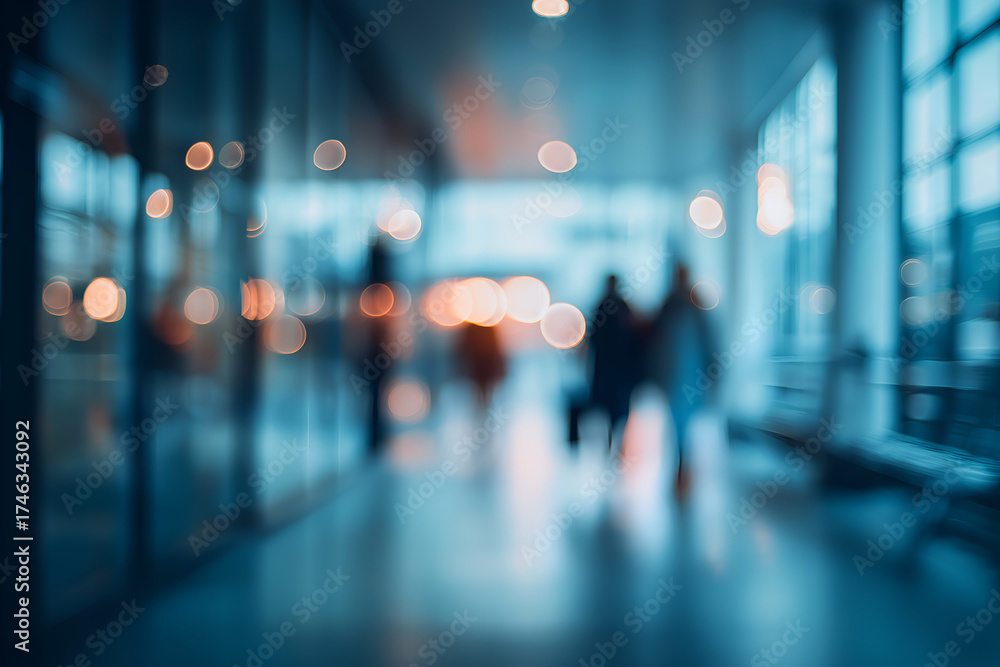 Fototapeta premium Blurred People Walking in Blue Modern Hallway with Bokeh, motion blur Business concept, motion bokeh background