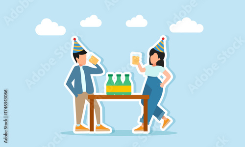 Man and woman in party hats drinking together near a table with a bottle illustration of appreciation for celebration or festive party