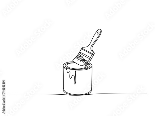 One Line Drawing of Paint Brush in Paint Can Minimal Vector Illustration