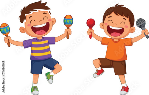 Cartoon children dancing with maracas and microphone, music celebration illustration, playful design, colorful drawing, lively, joyful, imaginative, fun, educational sketch