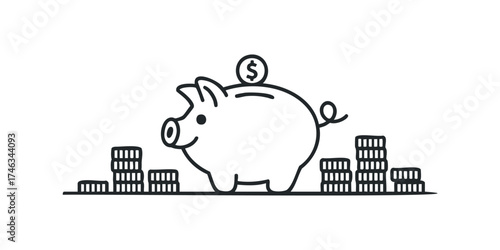 Piggy bank with dollar coin and stack of coins