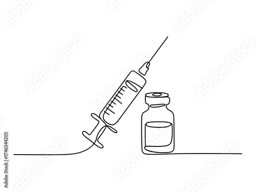 One Line Syringe and Vaccine Bottle Vector Illustration