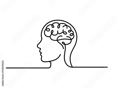One Line Human Head with Brain Vector Illustration
