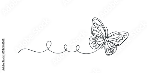 Single line drawing of a butterfly with curly tail