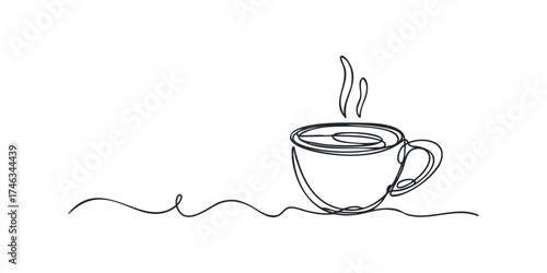 One line drawing of a steaming coffee cup