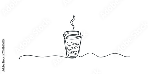 Single line drawing of a steaming coffee cup