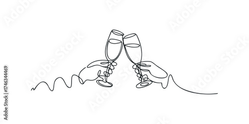 Two hands clinking champagne glasses in a simple line drawing