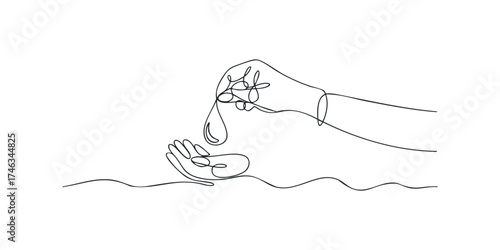 Hand with dripping liquid and receiving palm