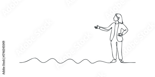 Single line drawing of a woman gesturing with her hand