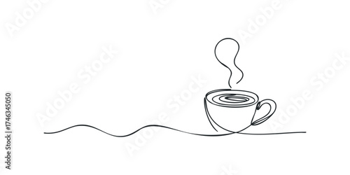 Single line drawing of steaming hot beverage in a cup