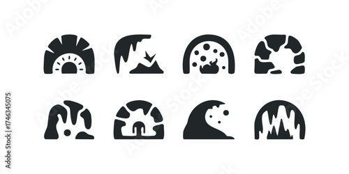 Collection of eight unique cave and shelter icons