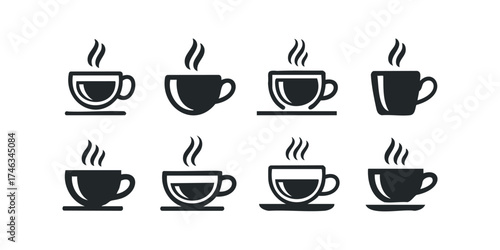Collection of eight steaming coffee cup icons