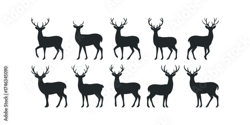 Collection of ten black deer silhouettes with antlers