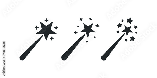 Three magic wands with sparkle effects