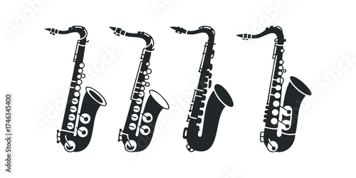 Four Silhouettes of Saxophones on a White Background
