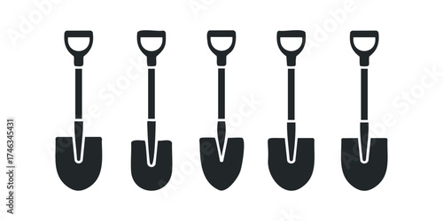Five identical shovels lined up