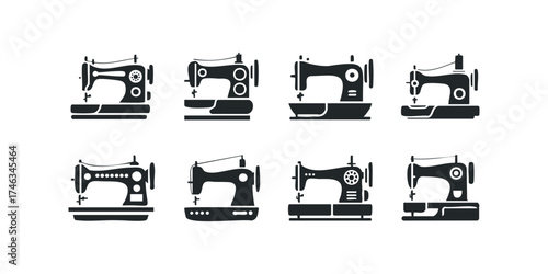 Eight Black Icons of Sewing Machines on White Background