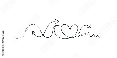 Continuous line drawing of heart shape with directional arrows and waves