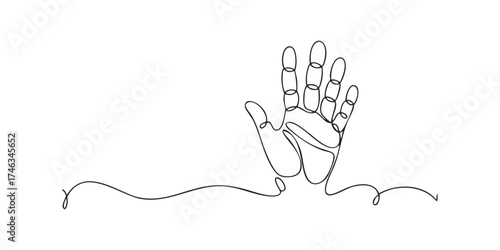 Continuous line drawing of an open hand held up in a stop gesture