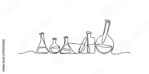 Laboratory glass flasks continuous line drawing