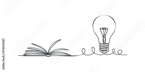 Continuous line drawing of an open book and a lightbulb