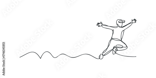 Person in VR headset leaping with arms outstretched