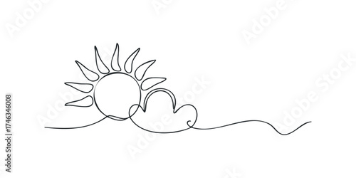 Single line drawing of sun and cloud in clear sky