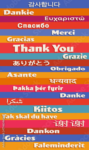 Colorful Thank You Poster in Many Languages Celebrating Global Diversity and Multicultural Unity