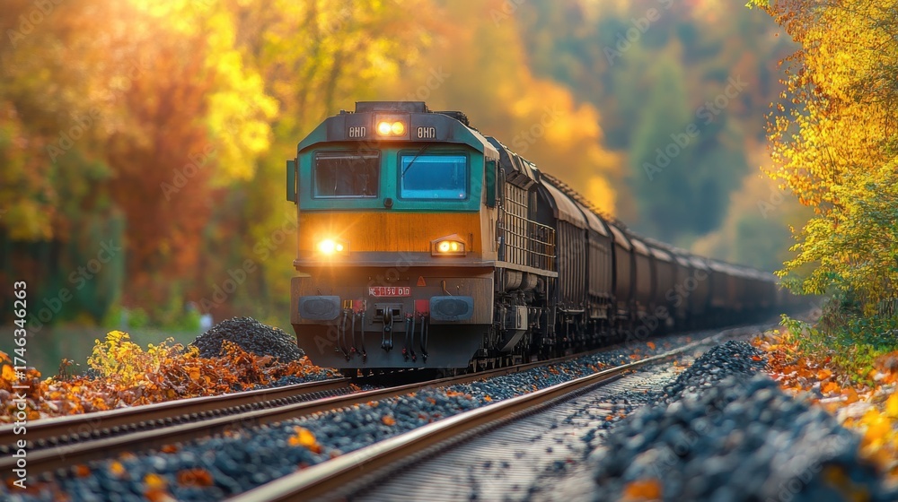 Fototapeta premium cargo train transports coal through scenic terrain at sunset with vibrant colors illuminating the landscape