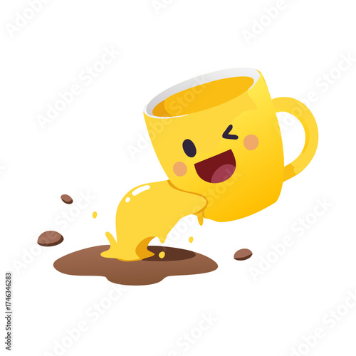 Broken yellow cup with smiley face and spilled black tea on the floor. Tea spilled on the floor. Splashes and tea leaves on the floor.