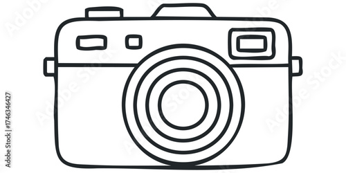 Hand drawn outline of a vintage camera with lens