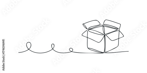 Abstract line art of an open cardboard box with a curly line