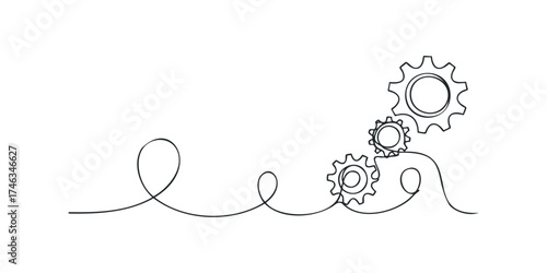 Three interlocking gears on a flowing line