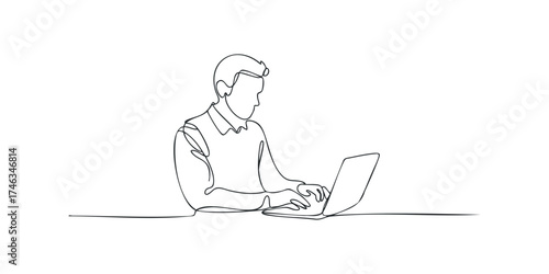 Person typing on laptop in continuous line drawing style