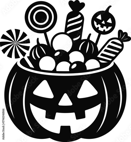 Vector art of pumpkin basket full of halloween candies.